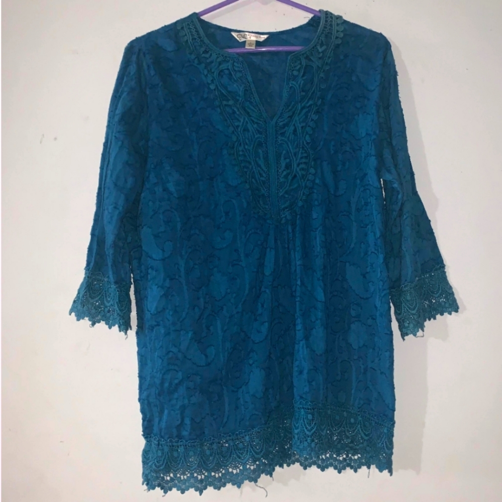 🎄- Krazy Kat sz‎ Large Peacock Blue Embroidered & Lace Tunic
